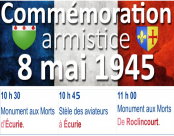 Commémoration du 8 mai 1945, le mercredi 8 mai 2024 à Écurie 10h30 et Roclincourt 11h suivi d'un vin d'honneur à Roclincourt.